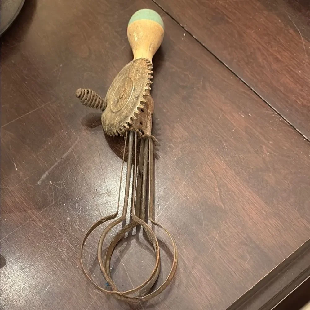 Vintage Egg Beater with Green Wooden Handle USA